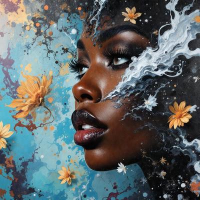 The primary subject of the image is a woman with a striking appearance. She is the main focus of the image, and her features are accentuated by the vibrant colors and intricate details. The setting is a blue background, which complements the woman's features and adds to the overall visual style. The image is a digital art piece, showcasing the artist's skill in creating a captivating and unique portrait. The colors and mood of the image are lively and energetic, with the woman